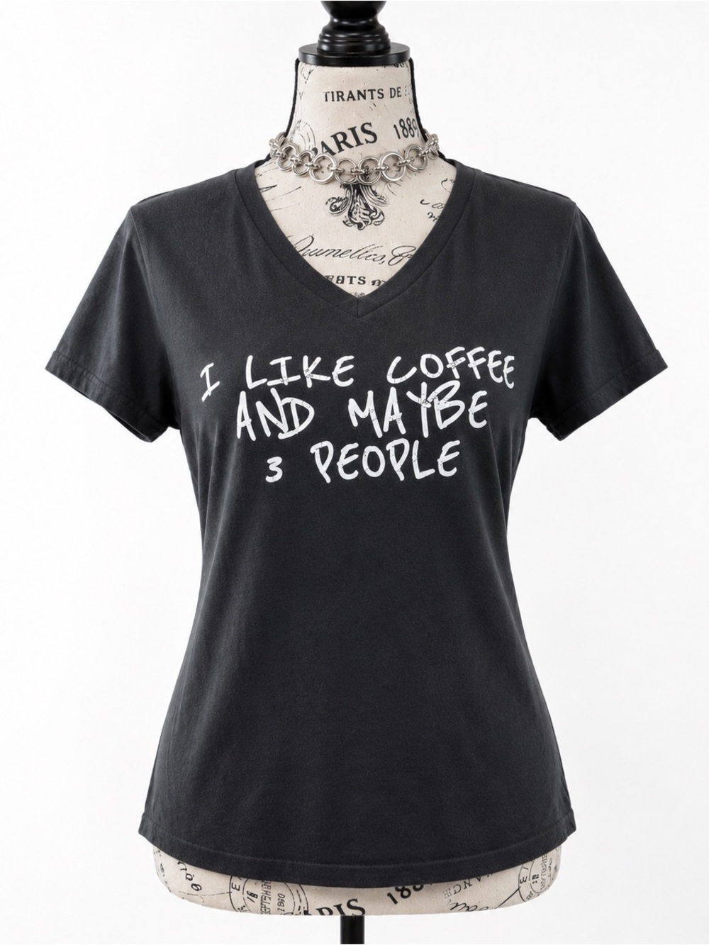 Women’s Black V-Neck Graphic Tee - I Like Coffee And Maybe 3 People